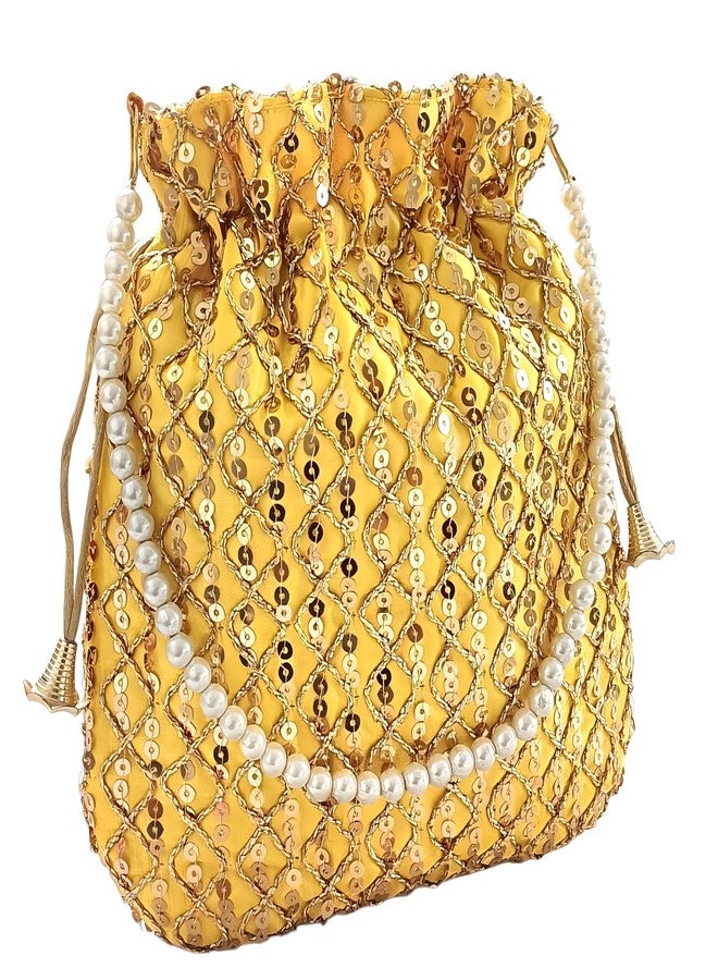 DUCHESS Lemon Potli Bags for Women | Combo of Wedding Return Gift Bags with Pearl Handle | Ethnic Drawstring Pouches for Mehndi, Haldi, Party Favors (Set of 10) - Image 2